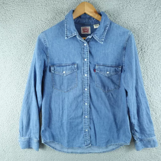 Levis Womens Shirt Small Blue Denim Long Sleeve Pearl Snap Pocket Top Collared