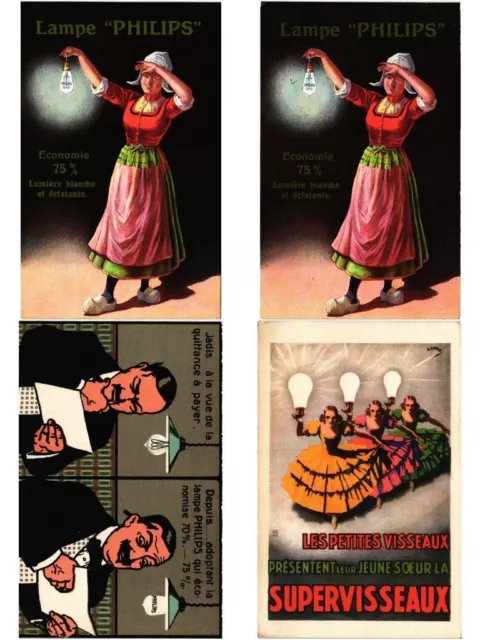 ADVERTISING PHILIPS LAMPS & LIGHT AND ELECTRONIC 4 Vintage Postcards (L6054)