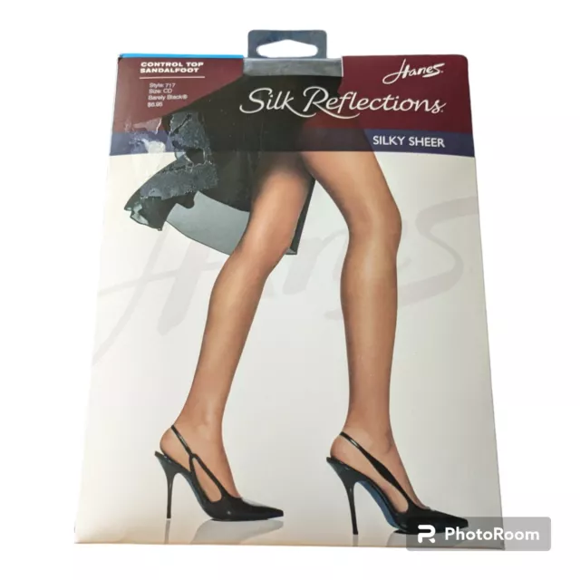 Hanes Silk Reflections Control Top Sandalfoot Pantyhose Sz. CD Barely Black NEW