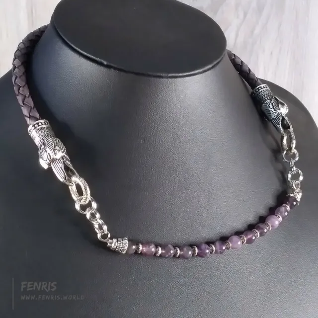 Raven Choker Silver, Ancient Gray Leather With Purple Amethyst Beads Handmade