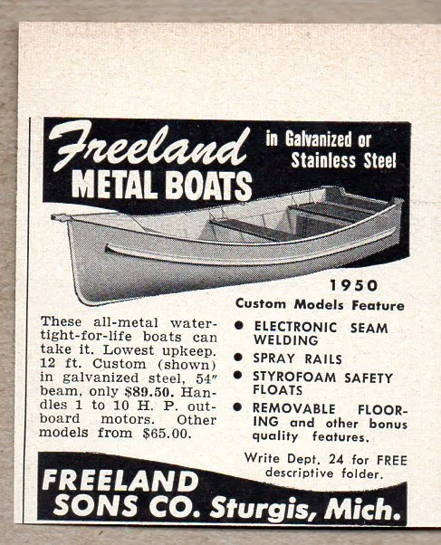 1950 Vintage Ad Freeland Metal Boats Galvanized or Stainless Sturgis,MI