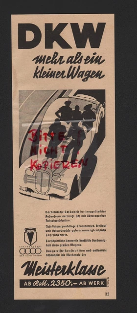 ZSCHOPAU, Werbung 1938, DKW Auto Union Meisterklasse