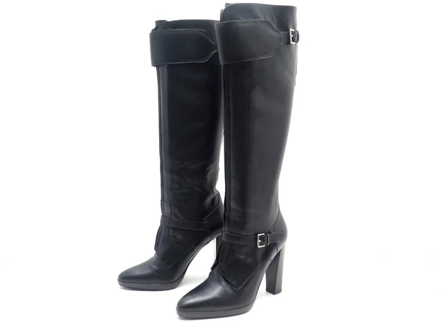 Chaussures Hermes 38.5 Bottes A Boucles Talons En Cuir Noir Leather Boots 1750€