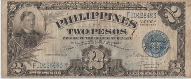 1944 Philippines (Two Pesos) Victory (Treasury Silver Certificate) Era War Ii