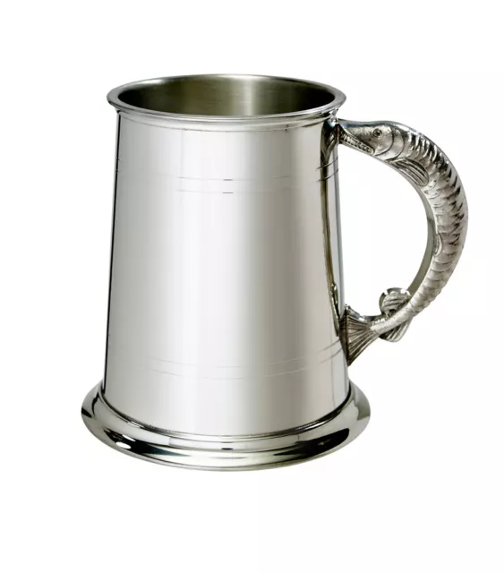 NEW Personalised 1 Pint Fish Handle Polished Pewter Tankard Any Message Engraved 2
