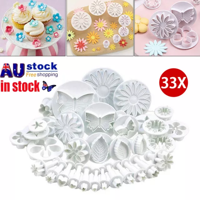 33pcs Plunger Cutters Cake Decorating Fondant Cookie Biscuit Baking Mold Flower