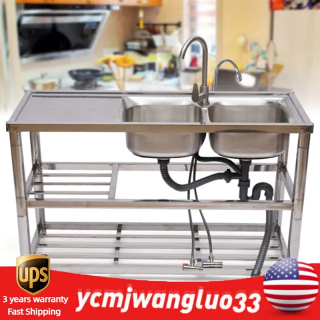 Free Standing Stainless-Steel Double Bowl Kitchen Utility Sink Set w/ Prep Table