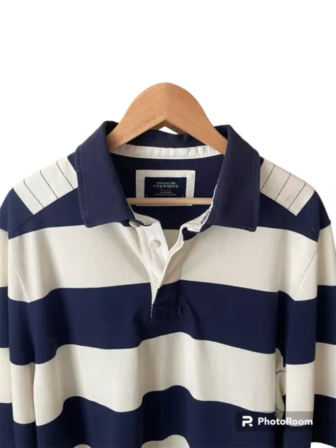 Charles Tyrwhitt Polo Rugby Shirt Mens Large Long Sleeve Striped Blue & White