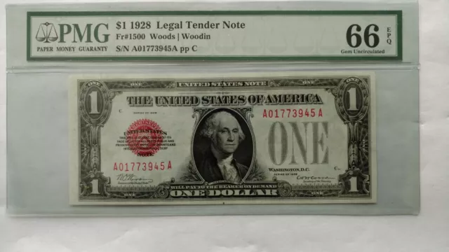 Fr #1500 1928 Red Seal Legal Tender $1 Pmg 66 Epq Gem Uncirculated Rare Bill.