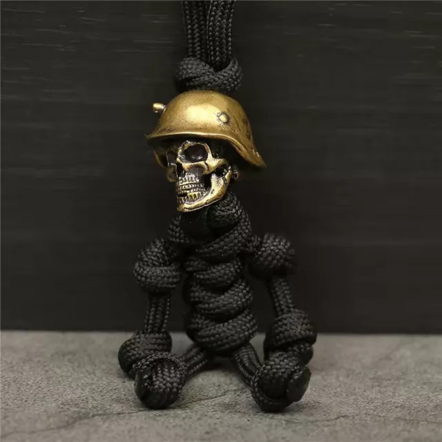 Mens 1PC Brass Skull Head Knife Lanyard Beads Keychain Car Biker helmet Pendant