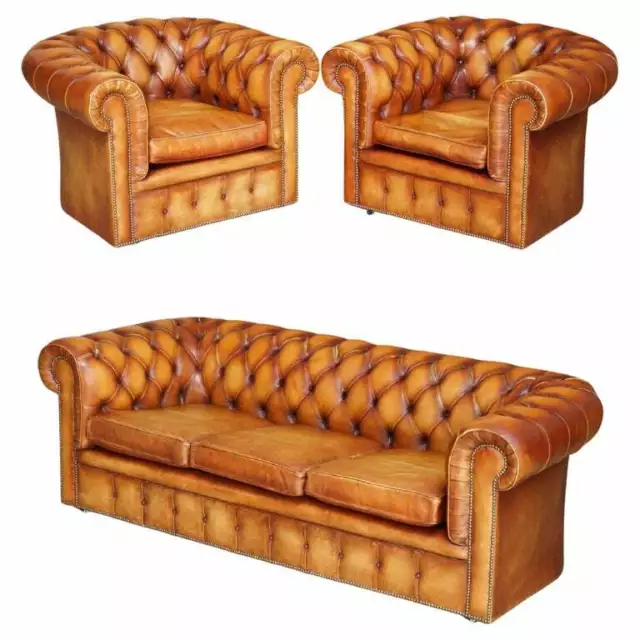 Old Chesterfield Club Three Piece Sofa & Pair Of Armchairs Suite Brown Leather