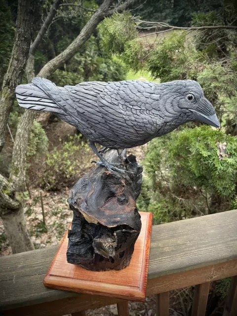 Raven or Crow Wood Carving Hand Carved Life Size Crow, but styled like a Raven