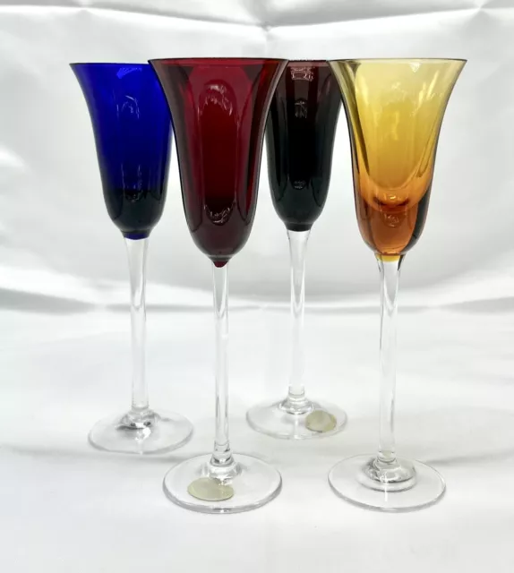 Bohemian Crystal Cordial Wine Glass Set 4 Ruby Red Amethyst Cobalt Blue Yellow