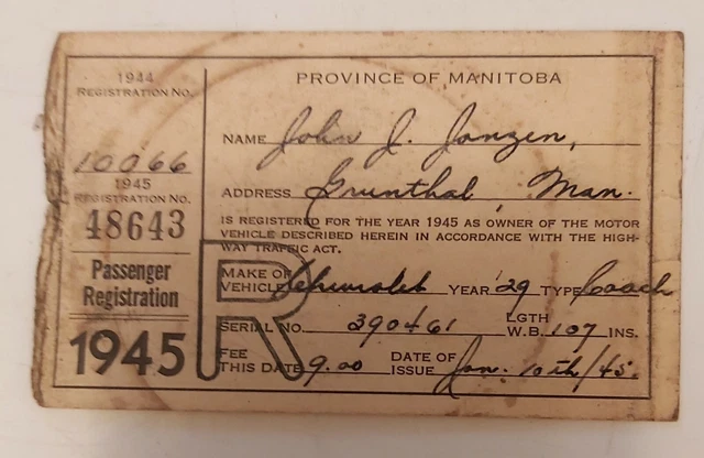 Retro Registration **RARE VINTAGE CDN. (Manitoba)