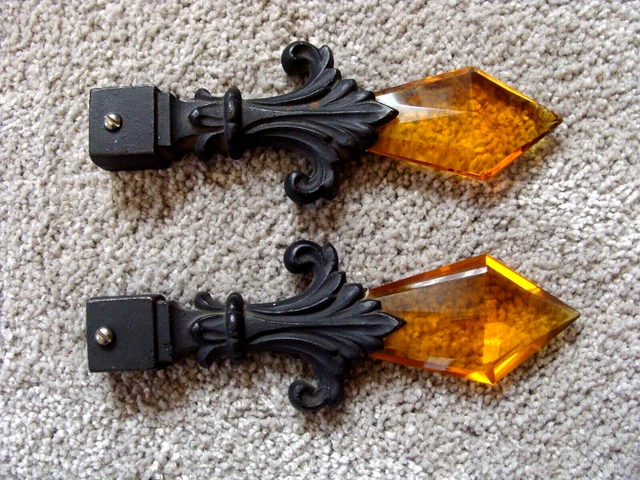 PAIR Vintage Antique Amber Glass Spear and Cast Iron Curtain Rod Finials