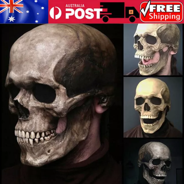 Full Head Skull Skeleton Mask Horror Zombie Halloween Movable Jaw Headgear AUS