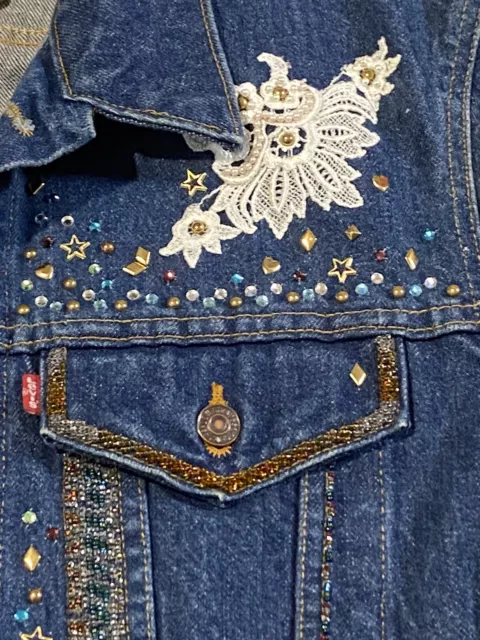 Levi Blue Denim Jacket With Beads Embroidery Rhinestones Metal Embellishments 2