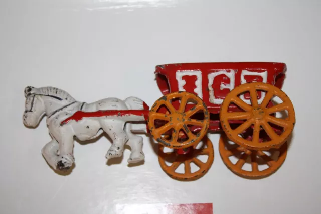 Vintage Cast Iron Metal Toy Horse Drawn ICE Cart Carriage Wagon