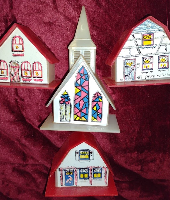 VINTAGE PLASTIC CHURCH And Christmas Village Houses Light Covers Lot Of