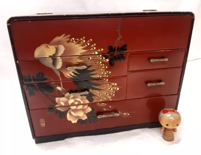 Japanese Wooden Sewing Box Haribako Vtg Tansu Chest 5 Drawers Pin