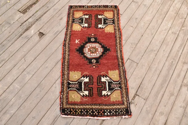 Vintage Rug 1x3 Small Rug Doormat 20''x43'' Handknotted Muted Wool Rug 52x110cm