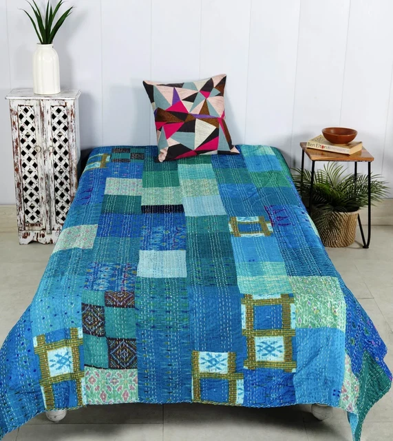 Vintage handmade patchwork quilt Indian boho quilts bedding kantha bedspread