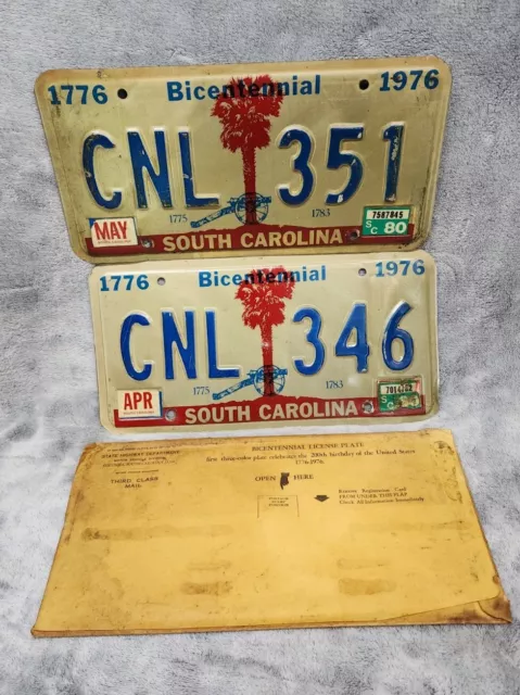 Vintage 1976 License Plates Tag South Carolina SC Bicentennial Rustic USA QTY 2