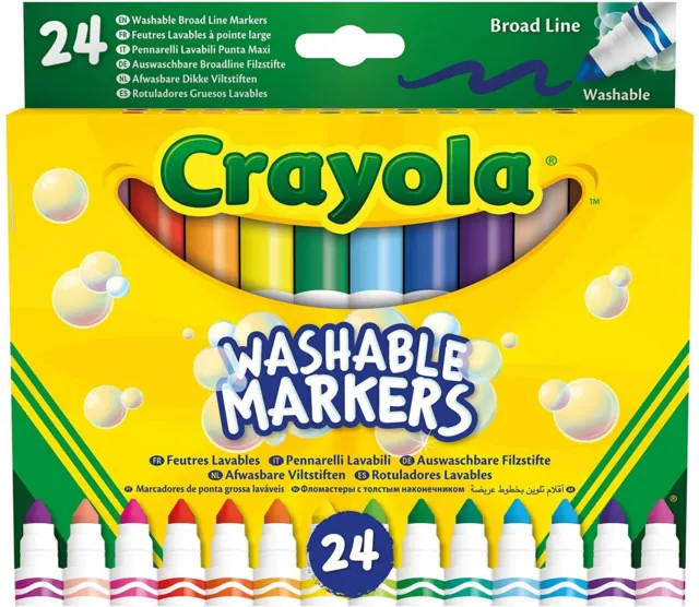 24 CRAYOLA WASHABLE MARKERS Felt Tips Colouring Pens Art School Fine Brush Paint