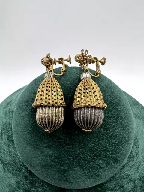 (Only Set) VTG 2"L Miriam Haskell Signature Russian Gilt Filigree Acorn Earrings