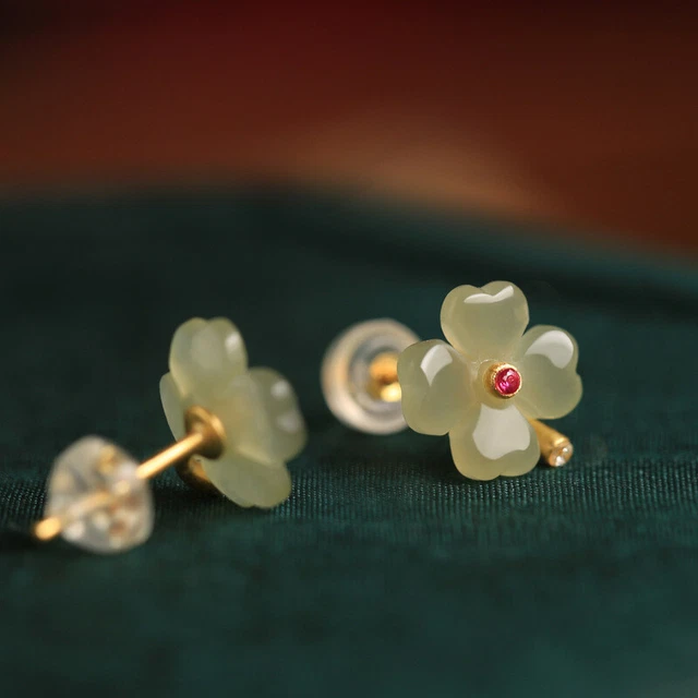 Female Four Leaf Grass Hotan Jade Earrings National Style Versatile Earrings