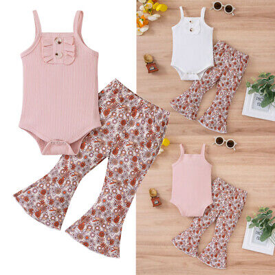 Newborn Baby Girl Bodysuit Romper Tops Flared Pants Set Infant Outfits Clothes