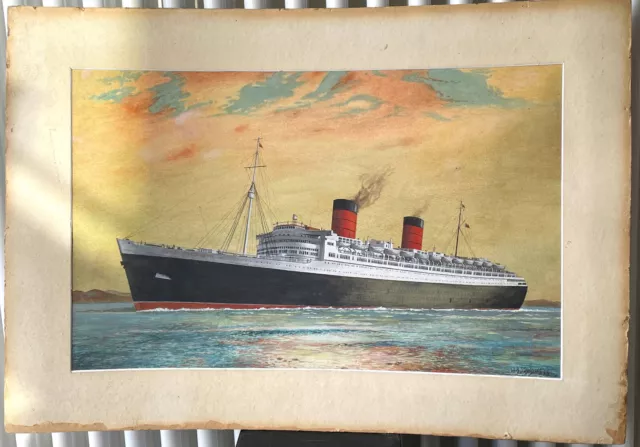 William Standing (1904-1951) Kreuzfahrtschiff Queen Elizabeth Aquarell Gemälde 2