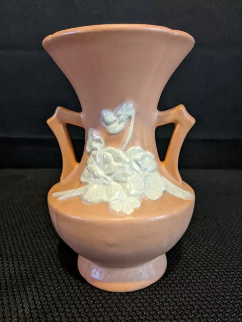 Vintage Weller Cameo Rose Double Handled Peach Vase 6 3/4" VGC