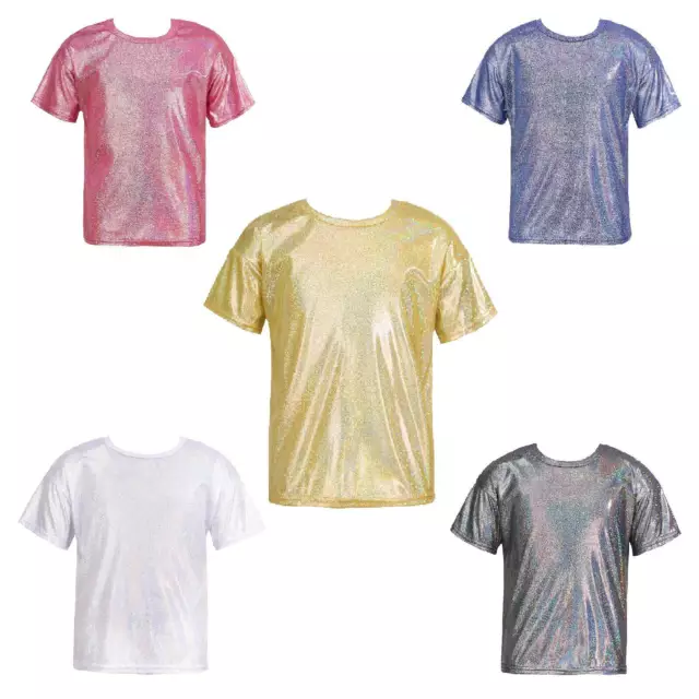 Kids Boys Girls Metallic Shiny T-shirt Sparkly Jazz Dance Tops Athletic Blouses