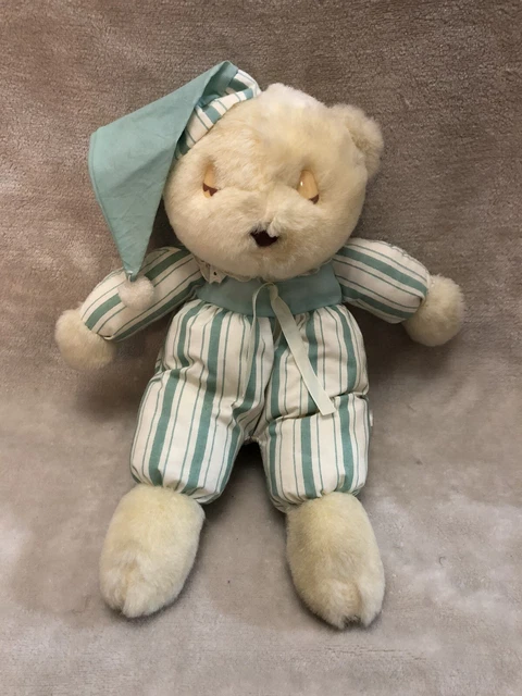 Vintage Sleepy Bear With Hat Green Stripes Plush Stuffed Animal Flaws Read 13”