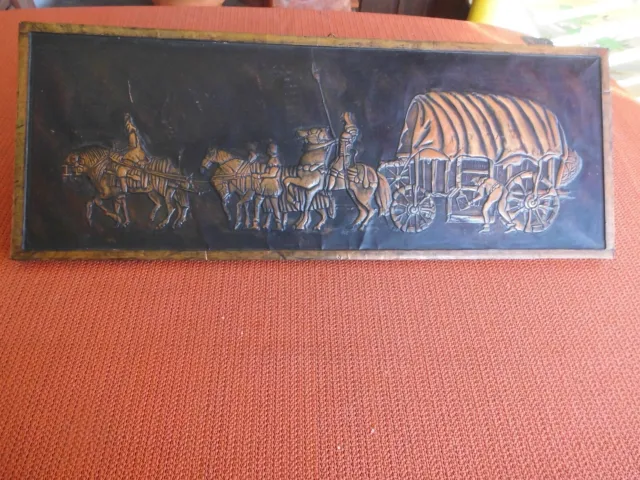 Altes Kupferbild-Kupferstich mit Planwagen und Pferden auf Holzplatte 66 x25 cm