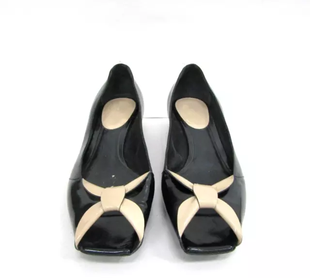 Giorgio Armani Black Leather Tan Bow Front Block Heels Pump Shoes Size 9