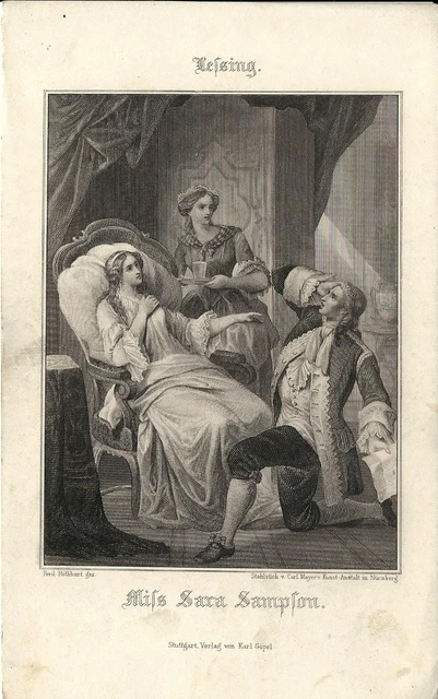 STAMPA ANTICA LESSING Miss Sara Sampson 1860 Old antique print Alte