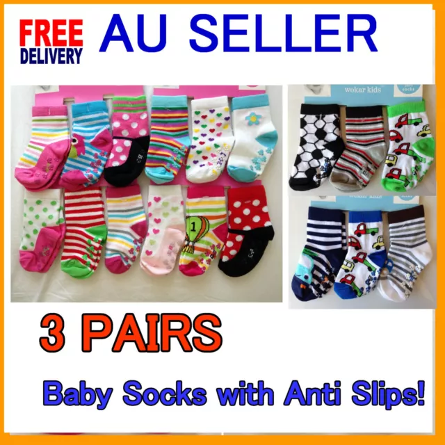 3 Pairs Cute Baby Toddler Socks With Anti Slip Boys and Girls 0 - 24 Month