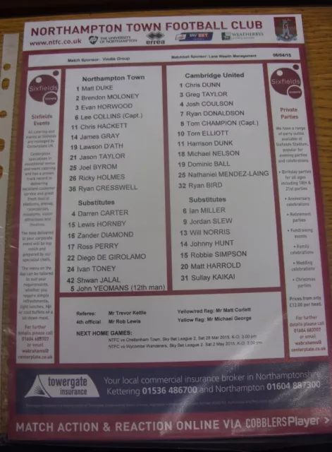 06/04/2015 Colour Teamsheet: Northampton Town v Cambridge United.  We are please