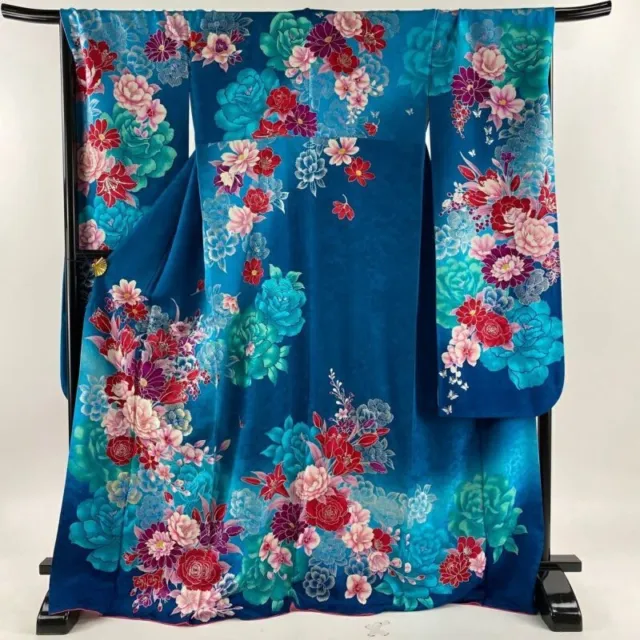 Woman Japanese Kimono Furisode Silk Flower Silver Thread Foil Blue Green 173cm
