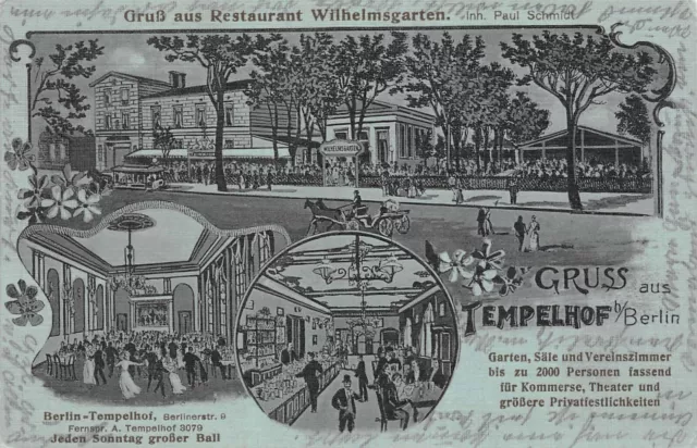 Gruss aus Tempelhof mit Restaurant Wilhelmsgarten bei Berlin Postkarte AK 1913