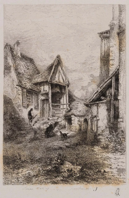 MARVY (19th century) after BERTHAULT (*1737), on the farm with farmer and dog, bike.