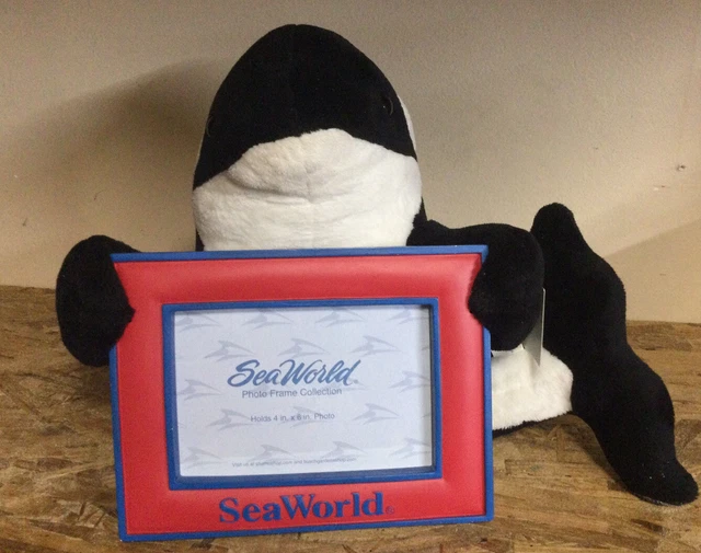 Seaworld - 11" Tall Plush  Killer Whale Holding 4X6 Blue Red Picture Frame W/Tag
