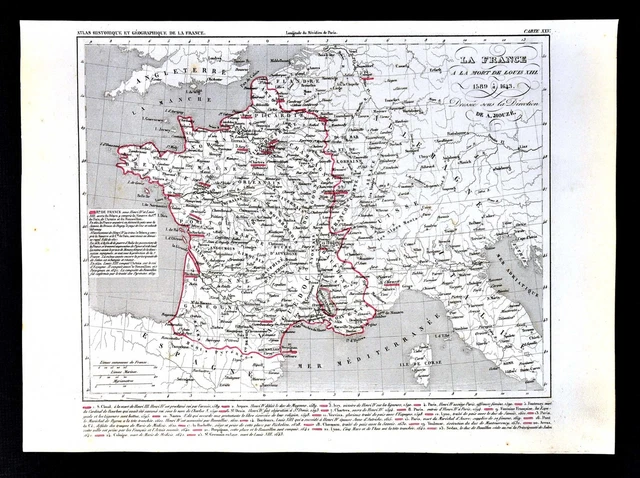 1849 Houze Map - France Louis XIII 1589-1643 Paris Chartres Bordeaux Marseilles