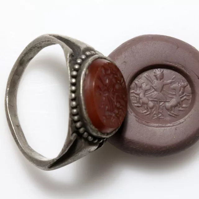 Ancient Roman republic silver seal ring-carnelian intaglio stone-ca 100-300 A.D