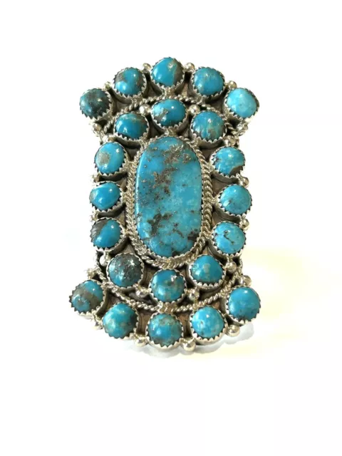 Native American Sterling Silver Handmade Navajo Turquoise Cluster Ring Size 8