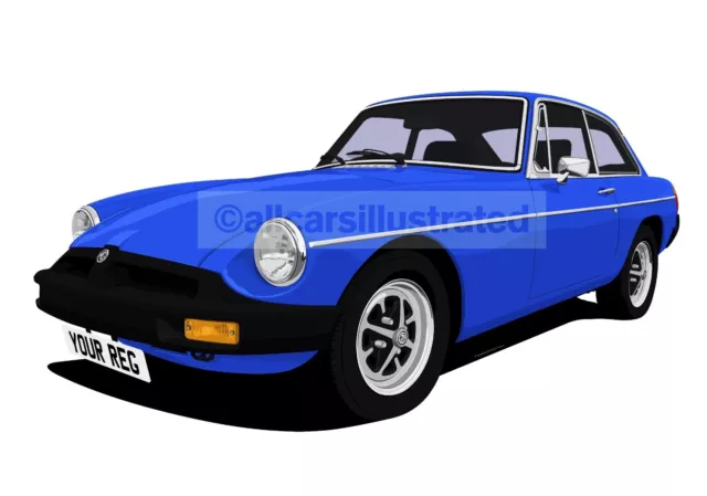 Mgb Gt Car Art Print (Size A3). Choose Your Colour, Add Your Reg Plate