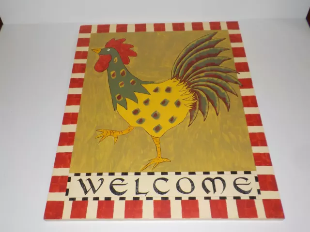 Folk Art  Wooden Rooster Hand Painted WELCOME Sign Wall Hanging Primitive