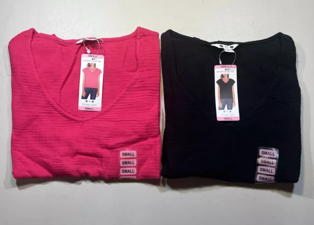 LOT OF 2 Three Dots Women's SS V-Neck Double Layer Cotton Gauze Shirts | NWT S